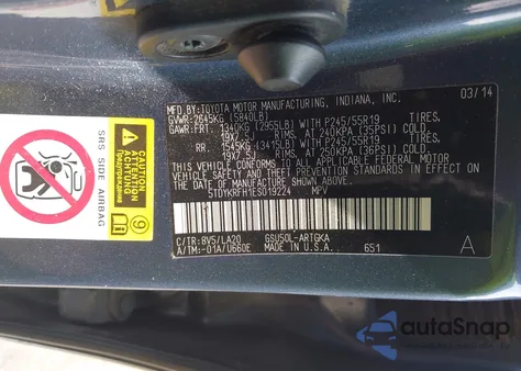 2014 Toyota Highlander Limited V6 z USA, uszkodzony, nr VIN 5TDYKRFH1ES019224